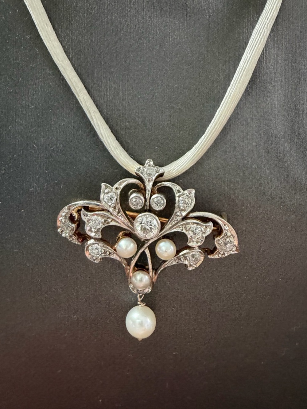 Antique, yellow and white gold pendant with diamonds and pearls, cartier silk